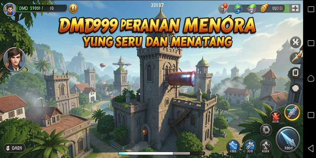 Gameplay DMD999 dengan menara menyerang musuh yang mendekat.