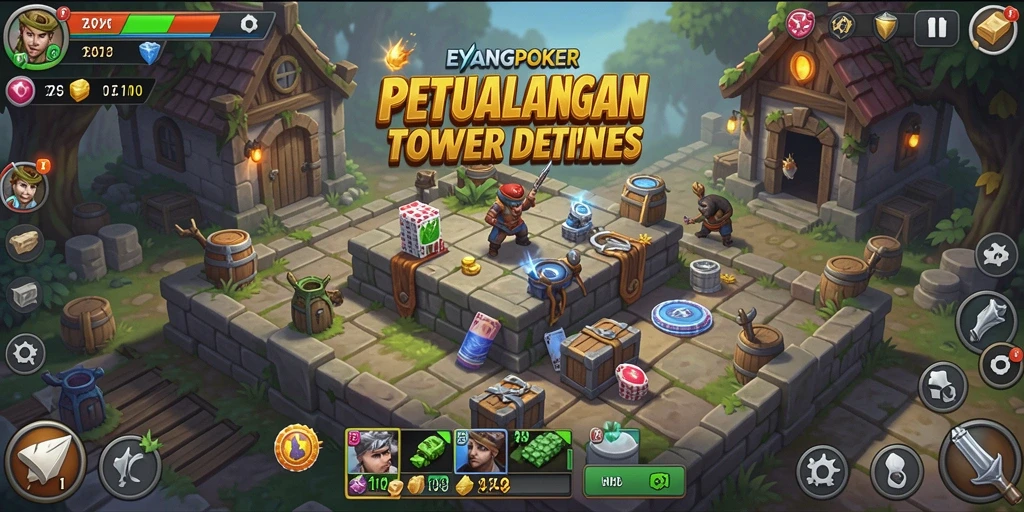 Tampilan dinamis dari gameplay EYANGPOKER dalam Tower Defense.