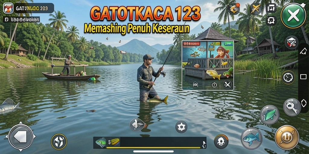 Screenshot gameplay GATOTKACA123 menampilkan penggunanya tengah memancing di danau indah.