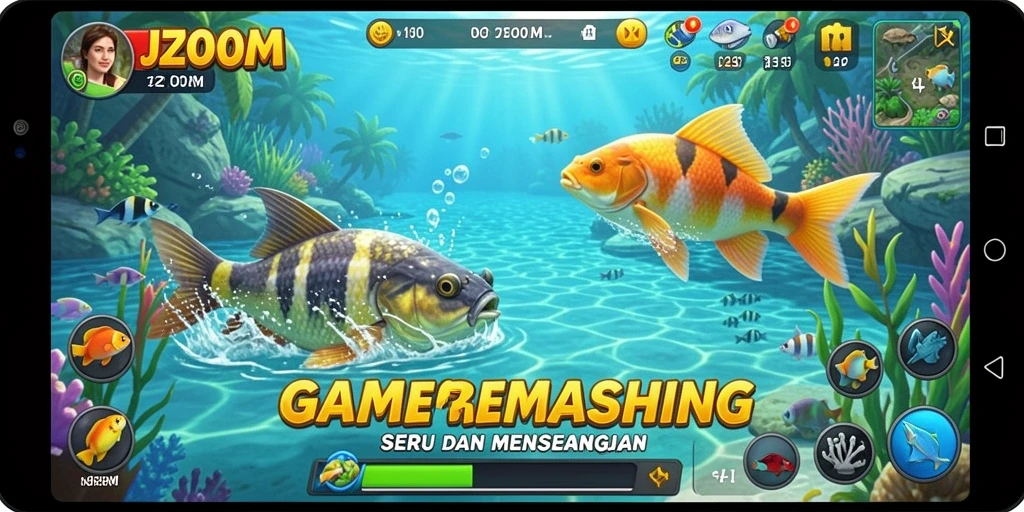 Tampilan gameplay seru J200M saat memancing di danau.