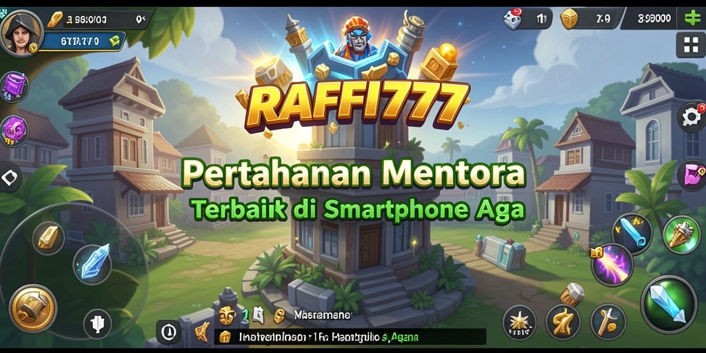 Screenshot gameplay RAFFI777 menampilkan menara pertahanan yang megah dan musuh yang menyerang.