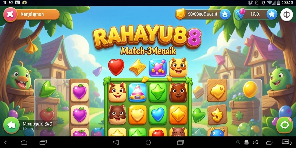 Tangkapan layar utama RAHAYU88 menampilkan gameplay Match-3 yang seru dan penuh warna.